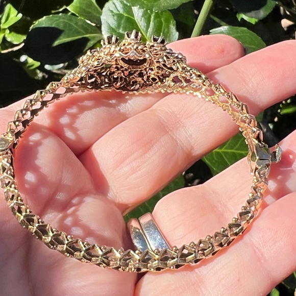 VINTAGE 14K YELLOW GOLD GARNET FILIGREE DESIGN BANGLE BRACELET CUSTOM UNIQUE - Picture 5 of 16